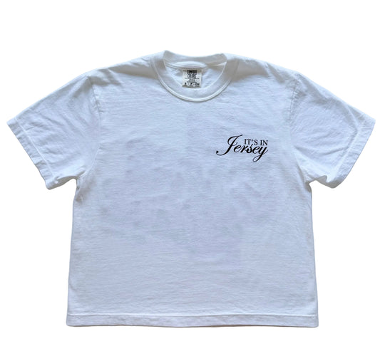 White t-shirt with 'It's In Jersey' logo on the front
