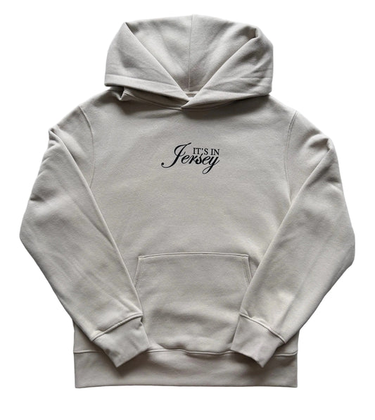 Beige hoodie with 'It's in Jersey' oversized logo on front