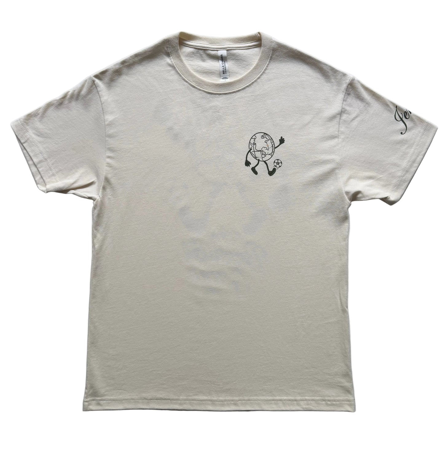 Natural t-shirt with a globe mid kick graphic on the chest