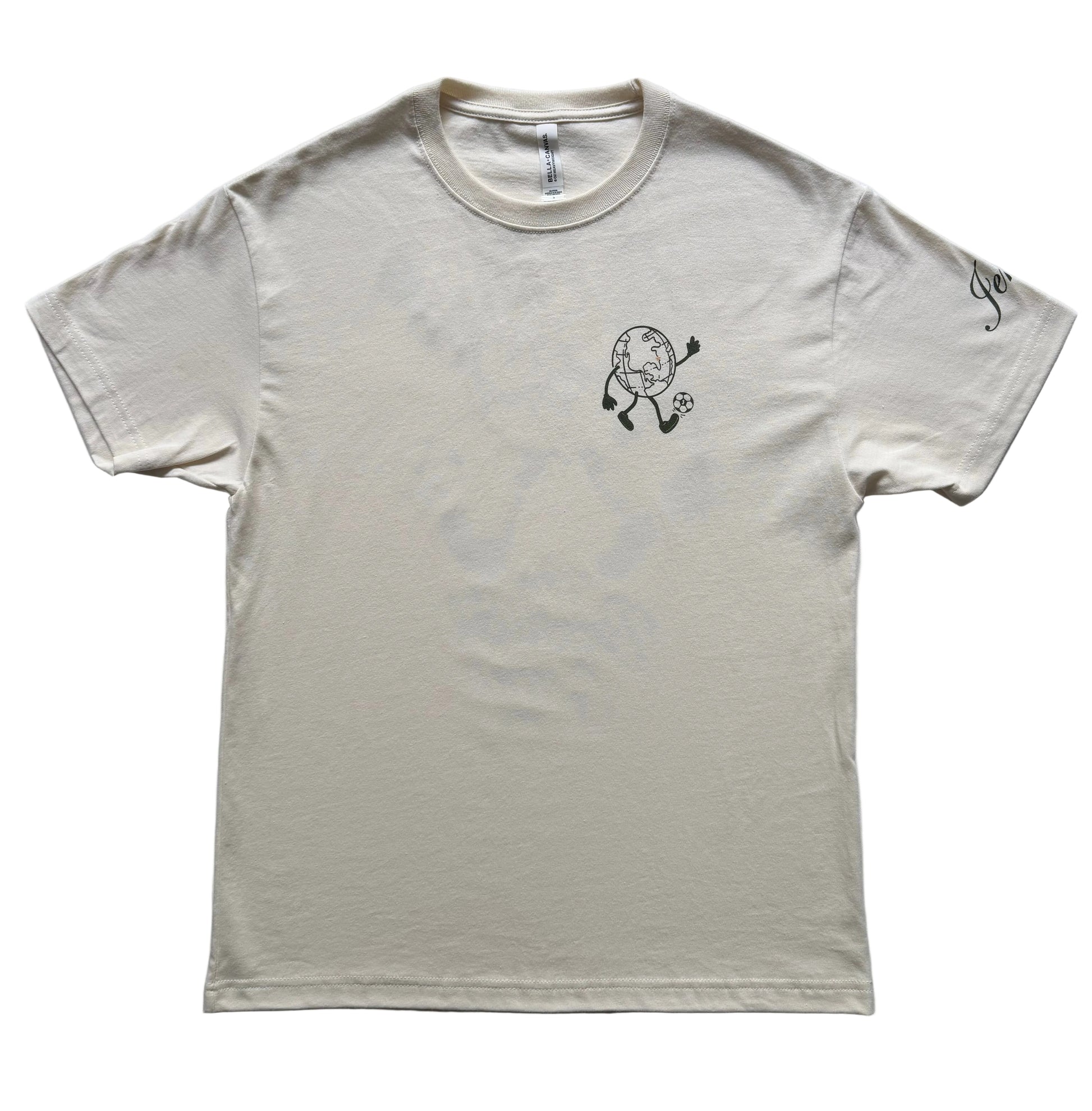 Natural t-shirt with a globe mid kick graphic on the chest