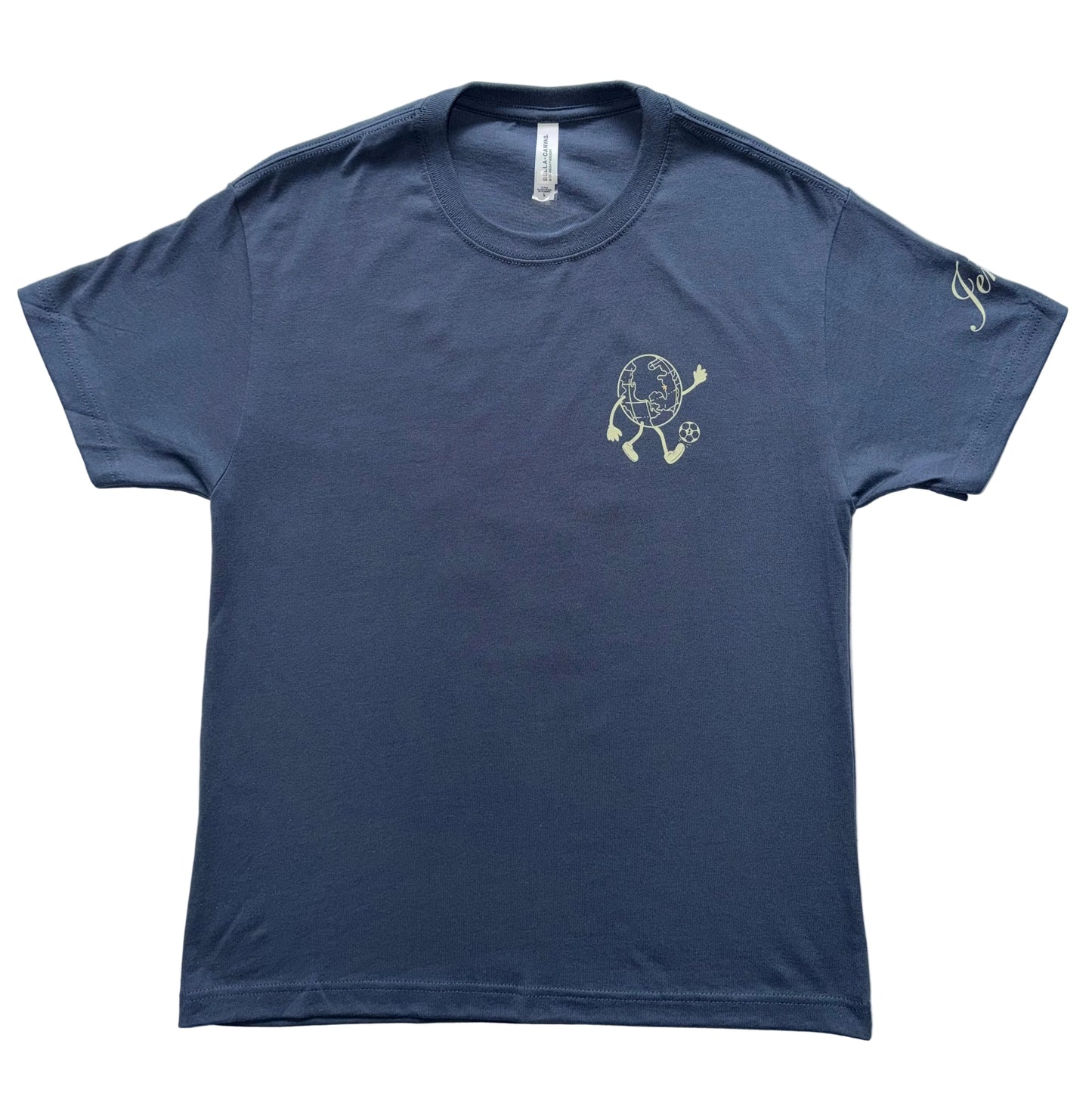 Vintage Navy t-shirt with a globe mid kick graphic on the chest