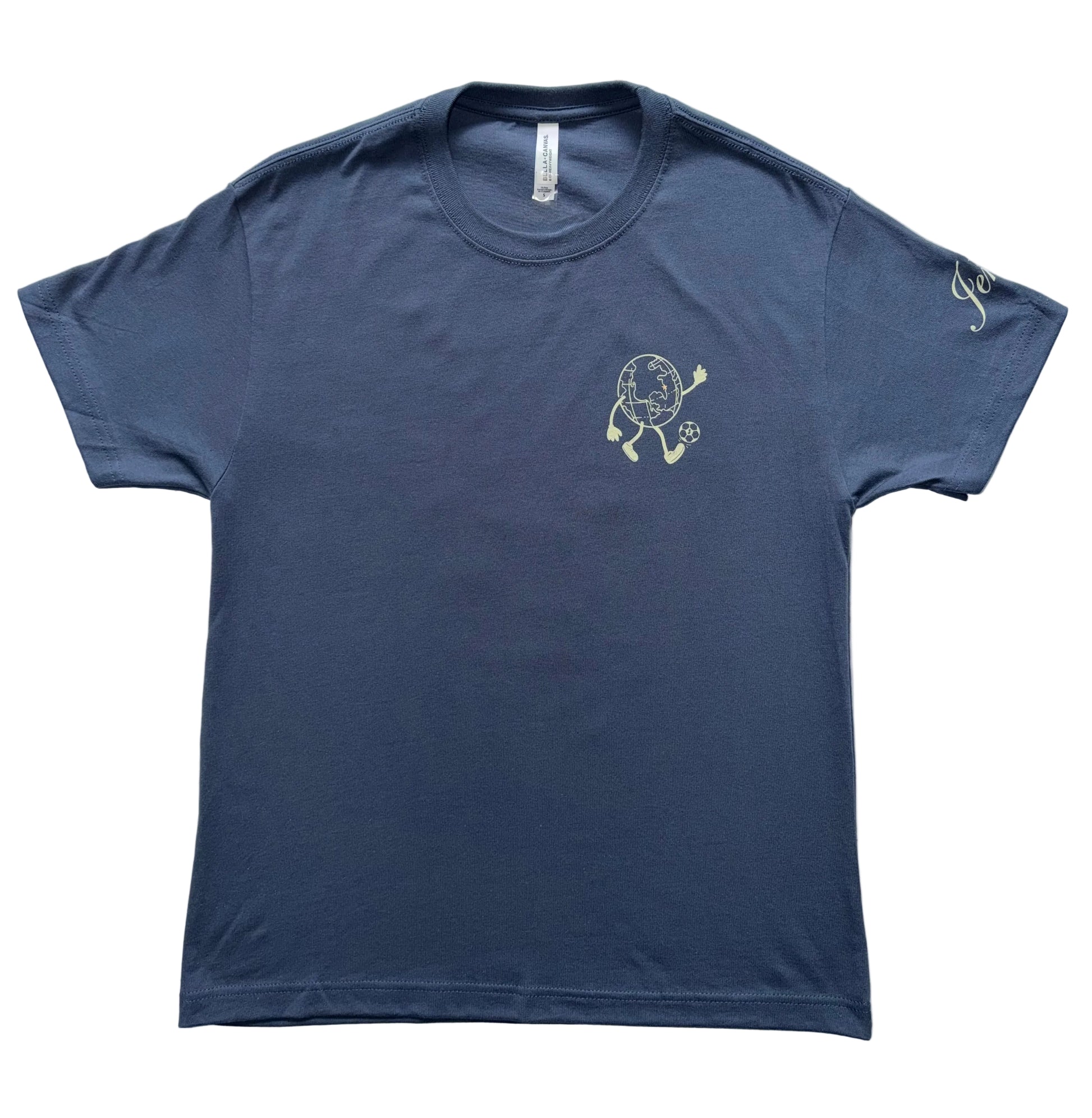 Vintage Navy t-shirt with a globe mid kick graphic on the chest