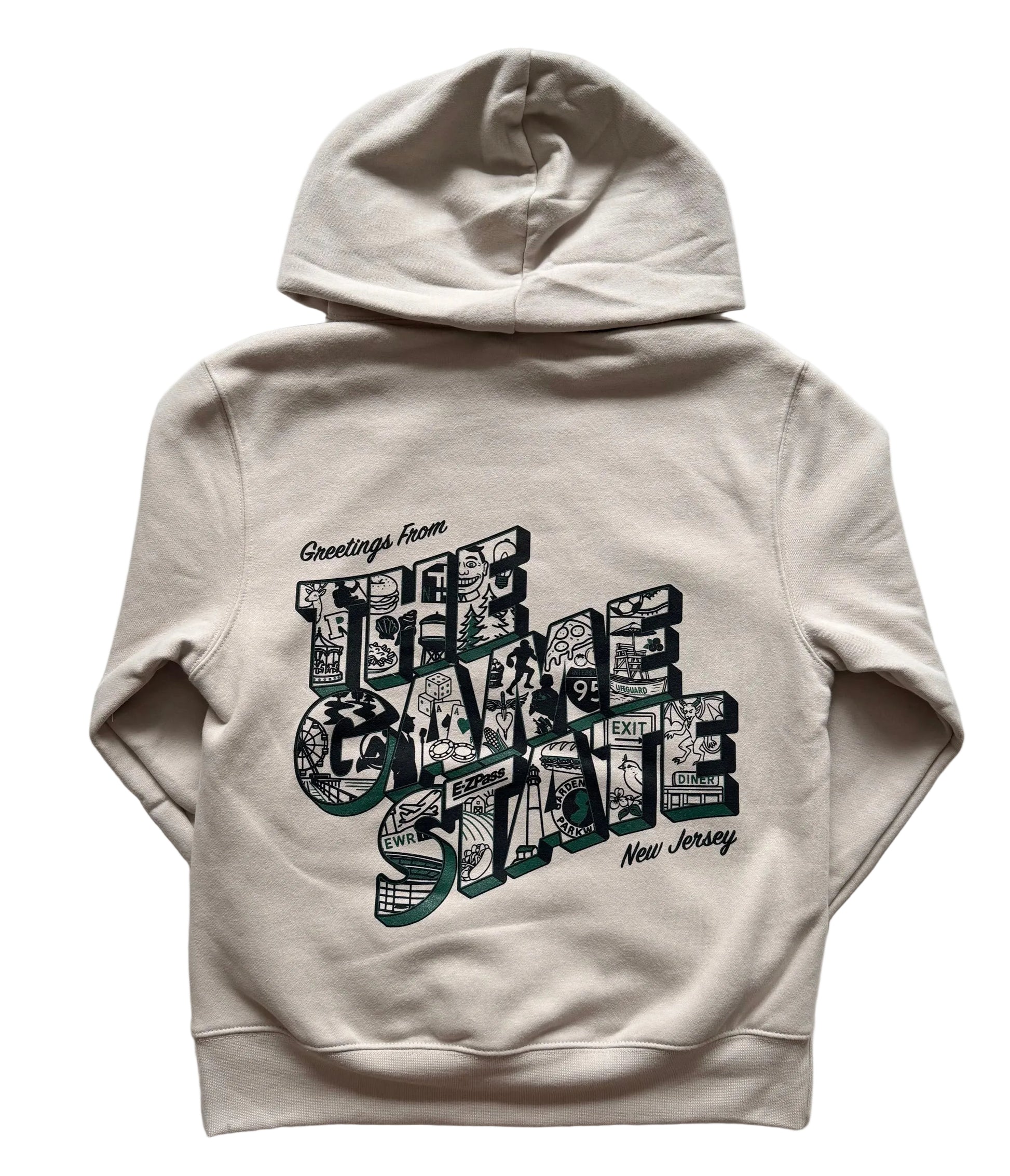 Beige hoodie with black Greetings from The Game State graphic. Jersey icons sketch details within