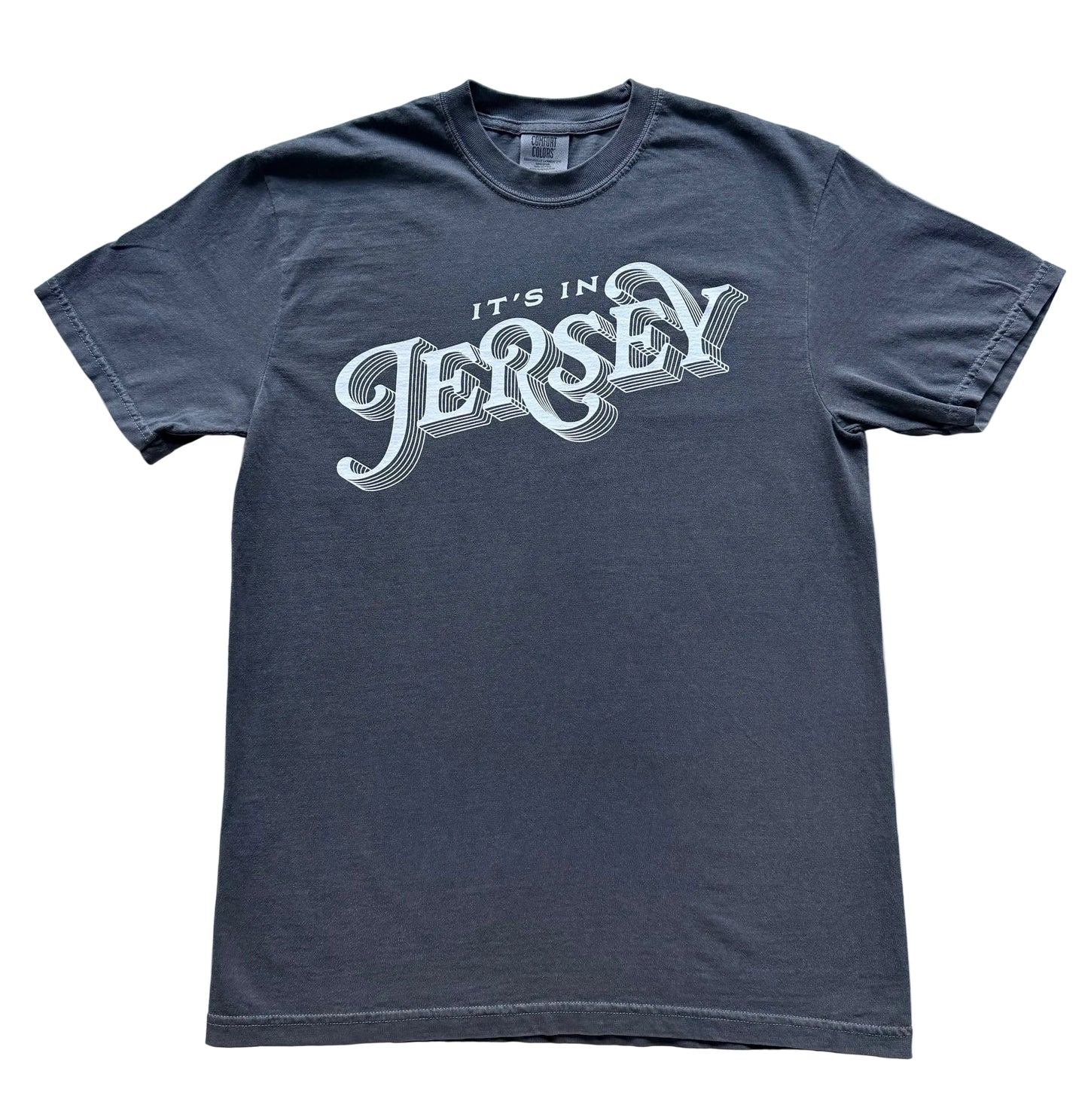 Pepper Gray t-shirt with 'It's in Jersey' stacked graphic on the front
