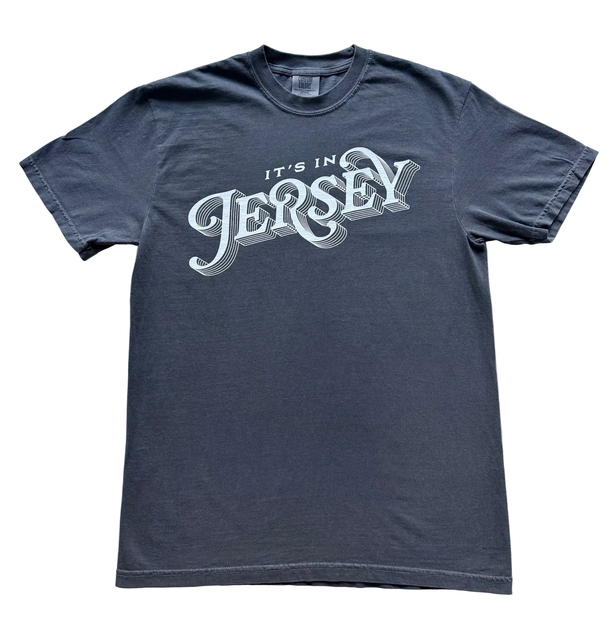 Pepper Gray t-shirt with 'It's in Jersey' stacked graphic on the front