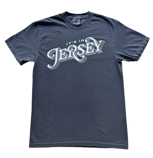 Pepper Gray t-shirt with 'It's in Jersey' stacked graphic on the front