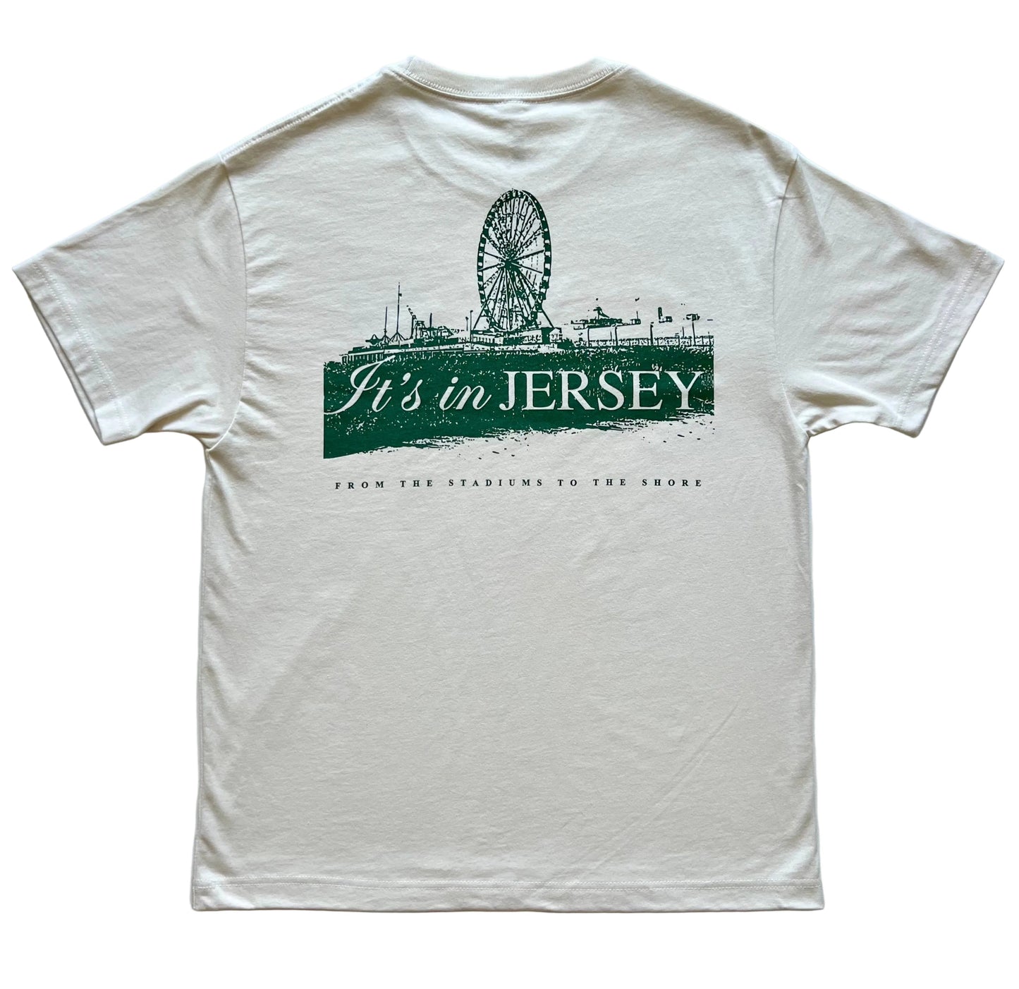 Vintage White t-shirt with green boardwalk graphic and 'It's in Jersey' text