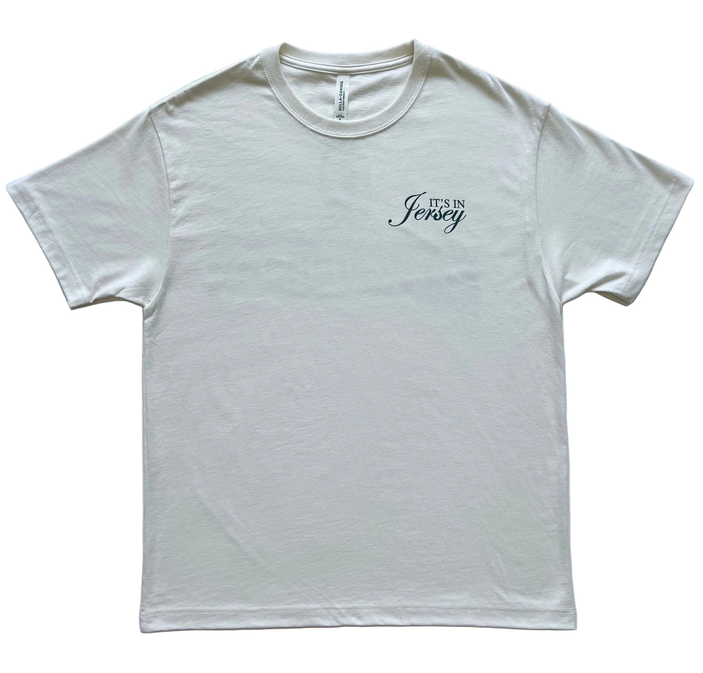 Vintage White t-shirt with 'It's in Jersey' text on front 
