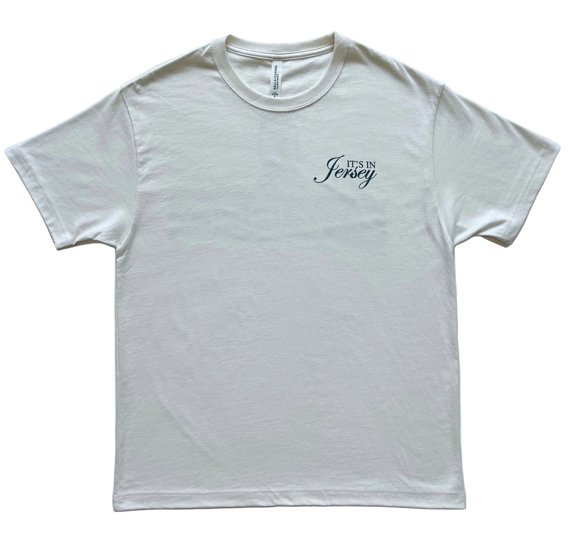Vintage White t-shirt with 'It's in Jersey' text on front 