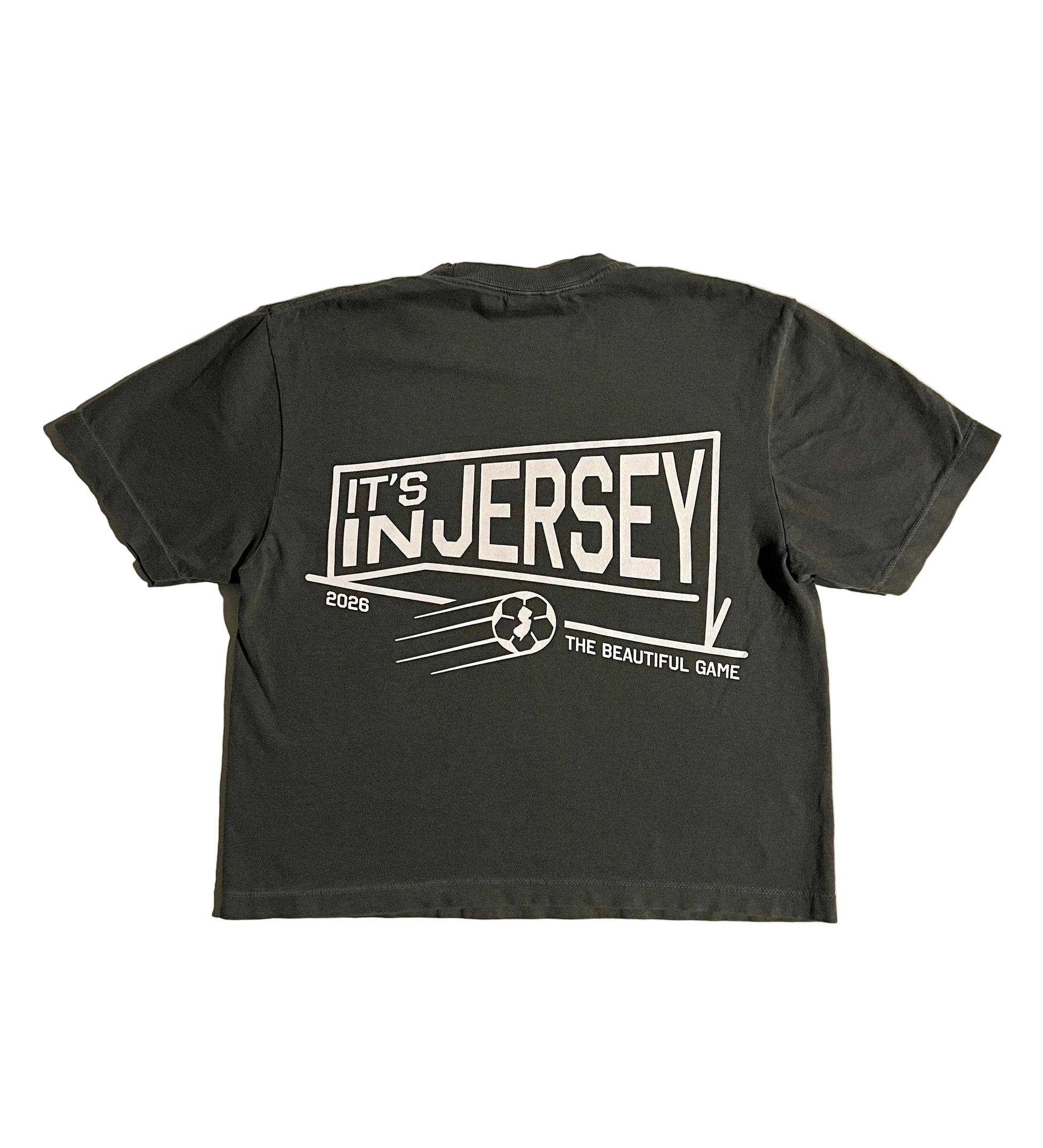 Washed Black boxy crop t-shirt with 'It's In Jersey' net graphic on back