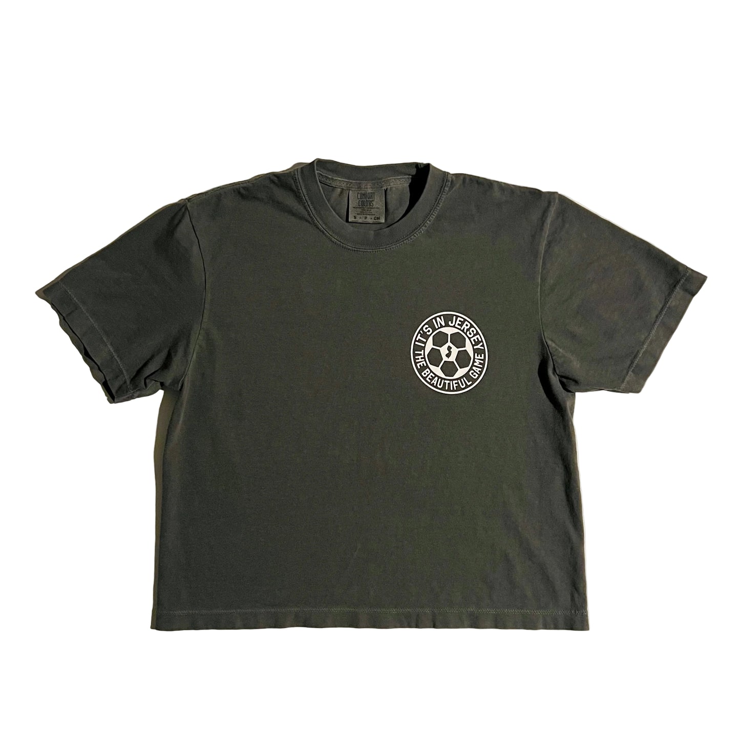 Washed Black boxy crop t-shirt with a white logo on the front