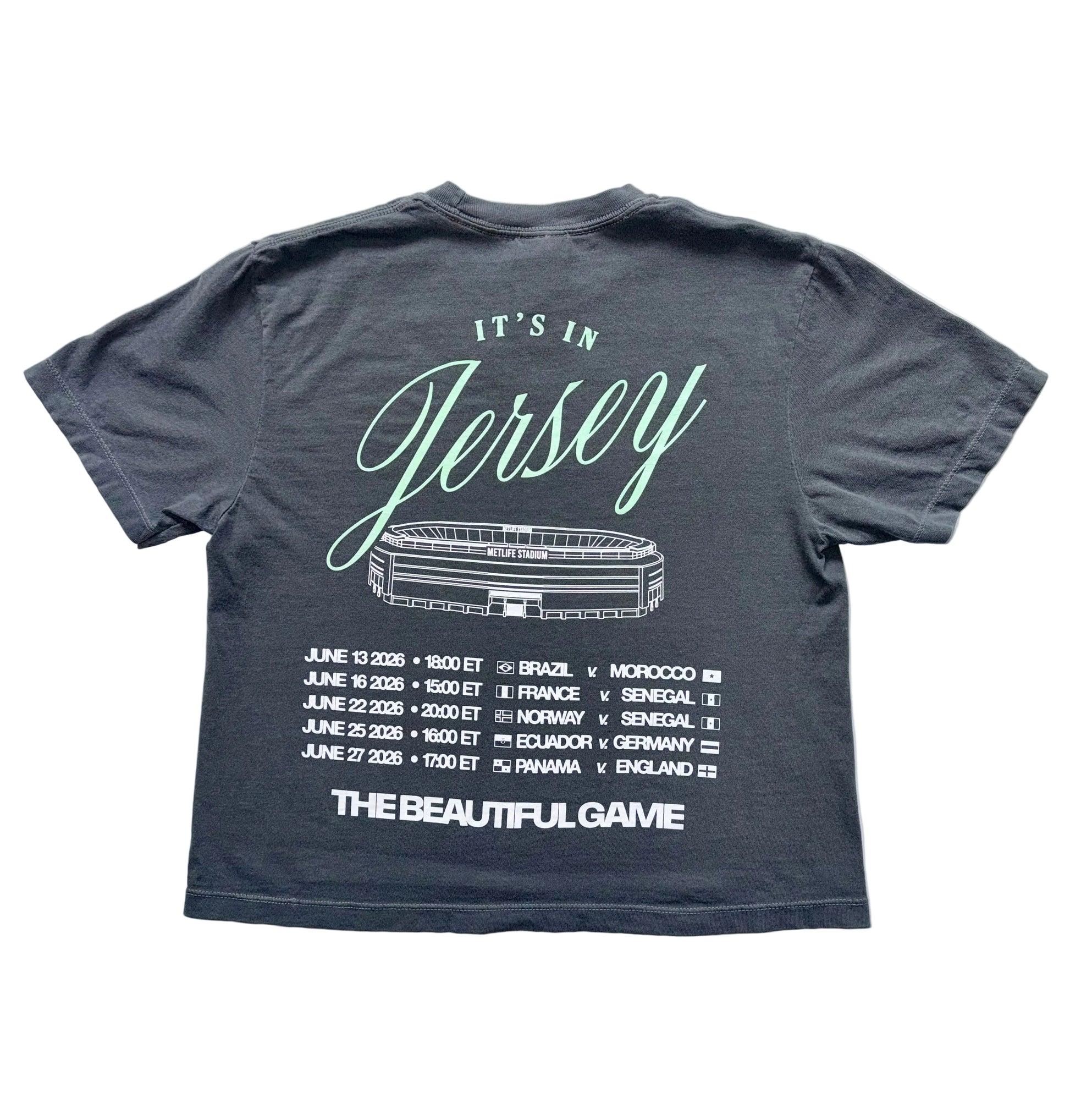 Pepper Gray t-shirt with the 2026 Group Stage games happening at Metlife Stadium feels like a band tour shirt