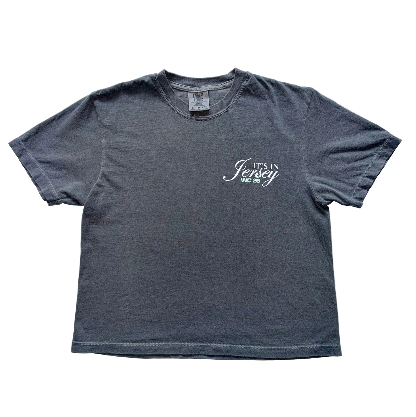 Pepper Grey Crop Tshirt with It's In Jersey Logo and WC26 chest graphic