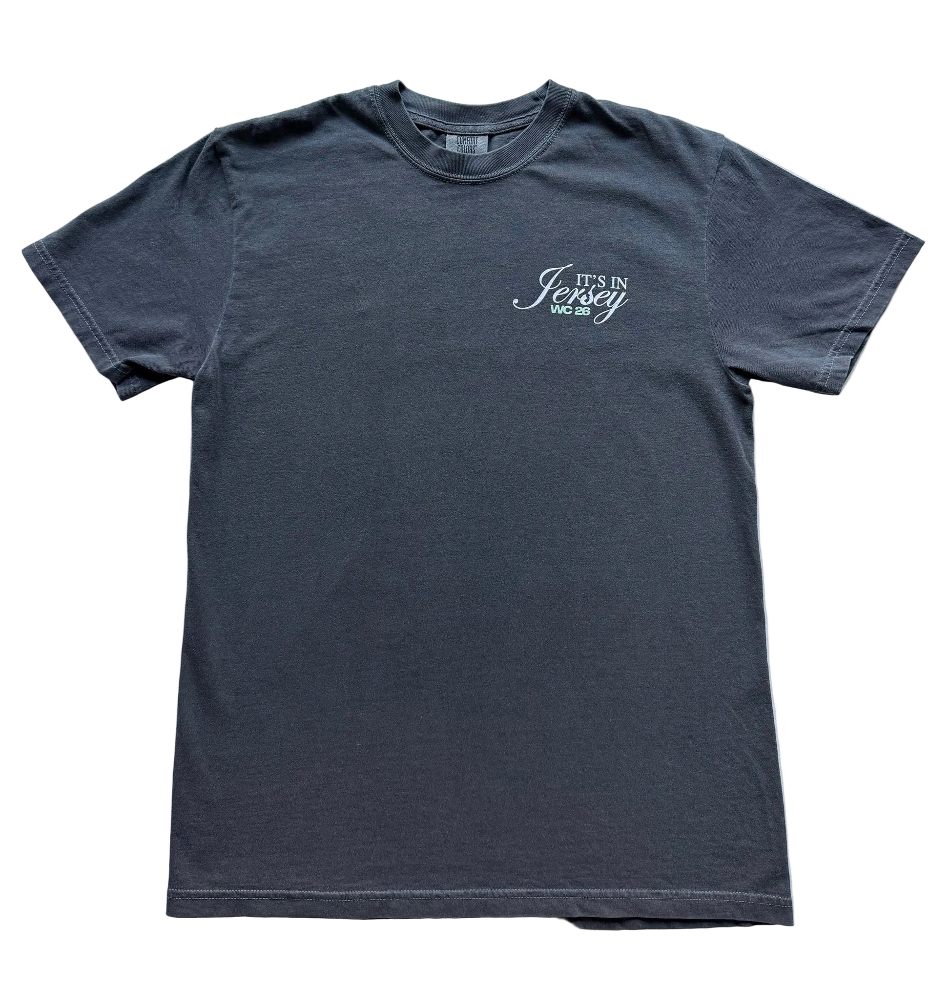 Pepper Gray t-shirt with 'It's in Jersey' logo and WC26 on front chest