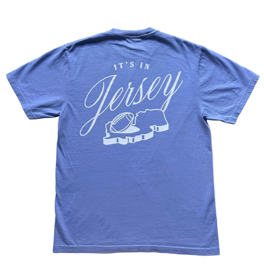 Blue t-shirt with 'It's in Jersey' text and state with football graphic on a back