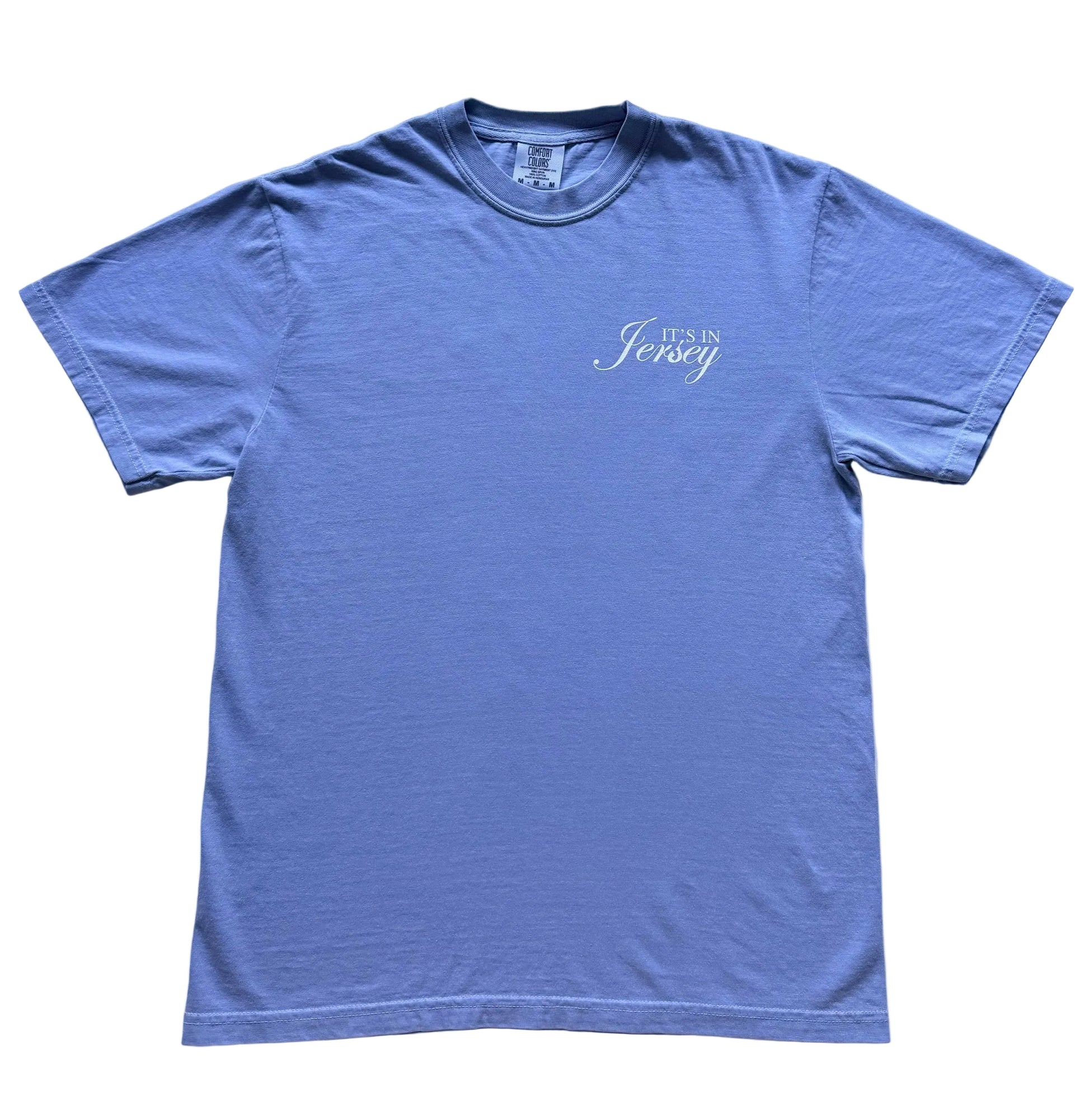 Blue t-shirt with 'It's in Jersey' logo on front chest