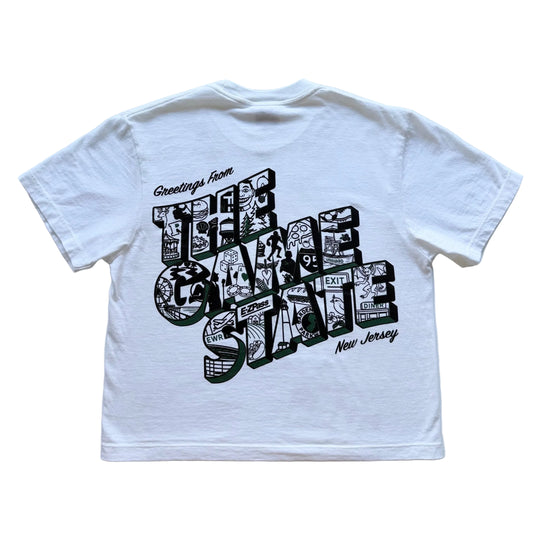 White t-shirt with black Greetings from The Game State graphic. Jersey icons sketch details within
