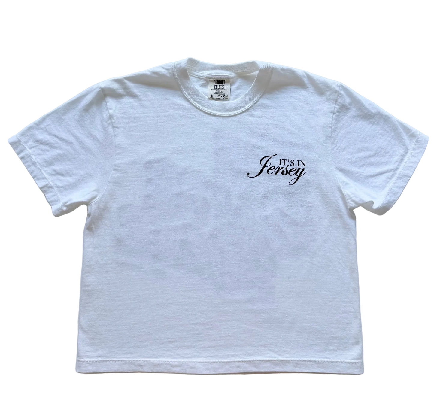 White t-shirt with 'It's In Jersey' logo on the front