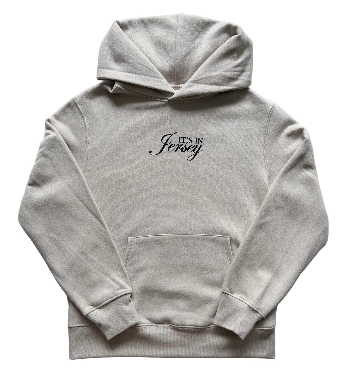 Beige hoodie with 'It's in Jersey' oversized logo on front