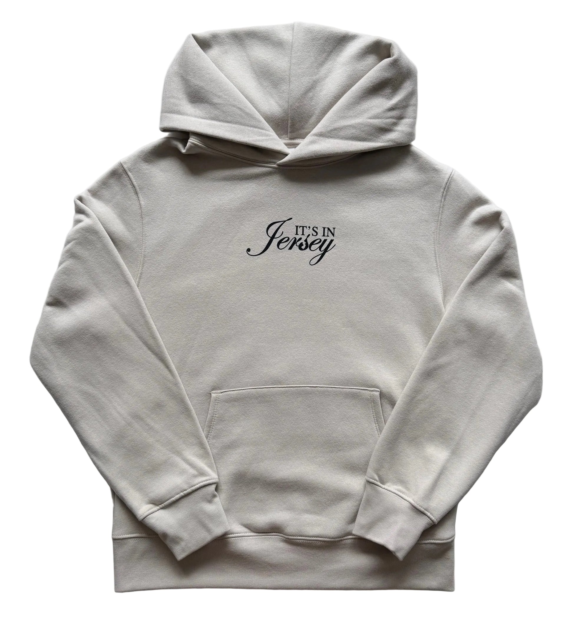 Beige hoodie with 'It's in Jersey' oversized logo on front