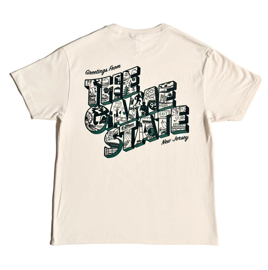 Vintage White t-shirt with black Greetings from The Game State graphic. Jersey icons sketch details within