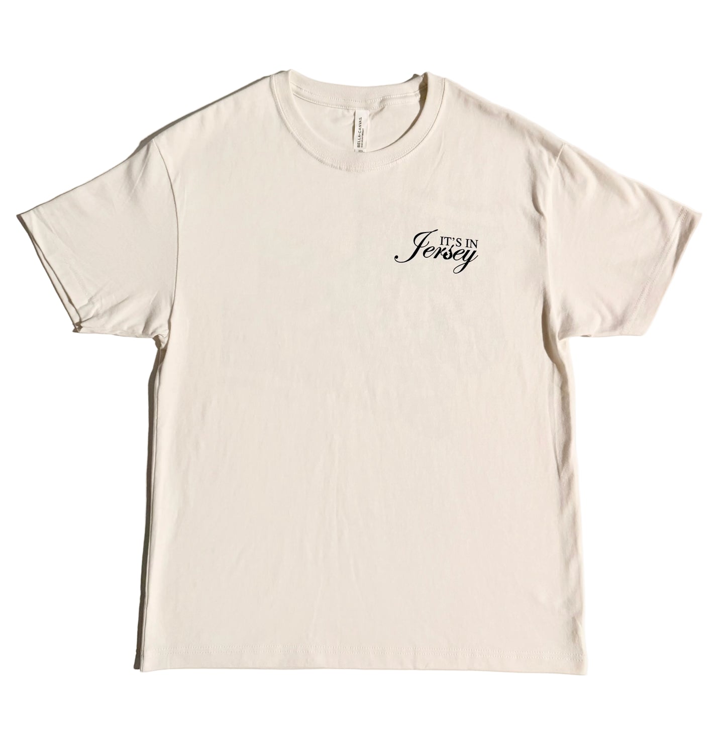 Vintage White t-shirt with 'It's in Jersey' logo on chest