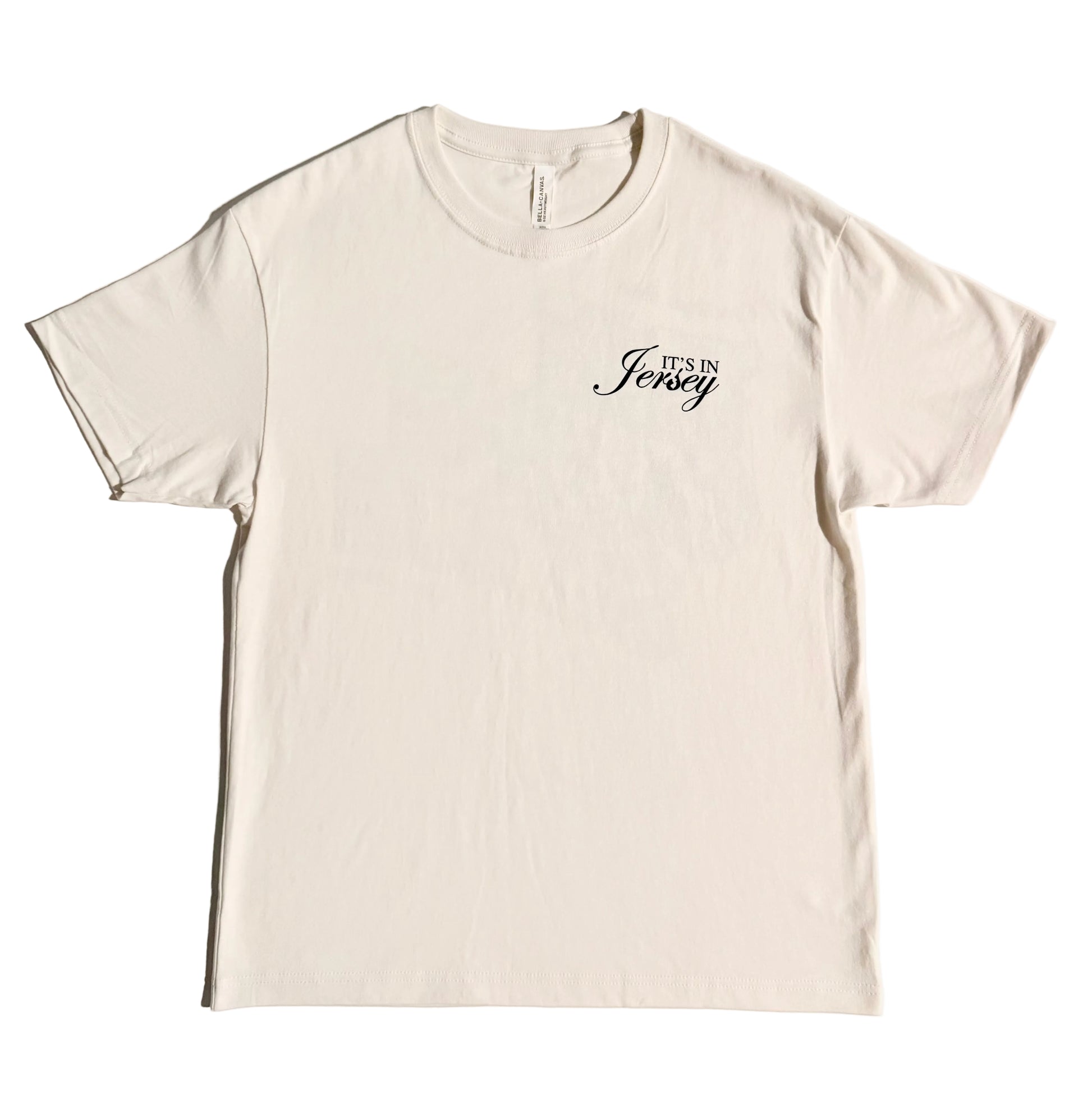 Vintage White t-shirt with 'It's in Jersey' logo on chest