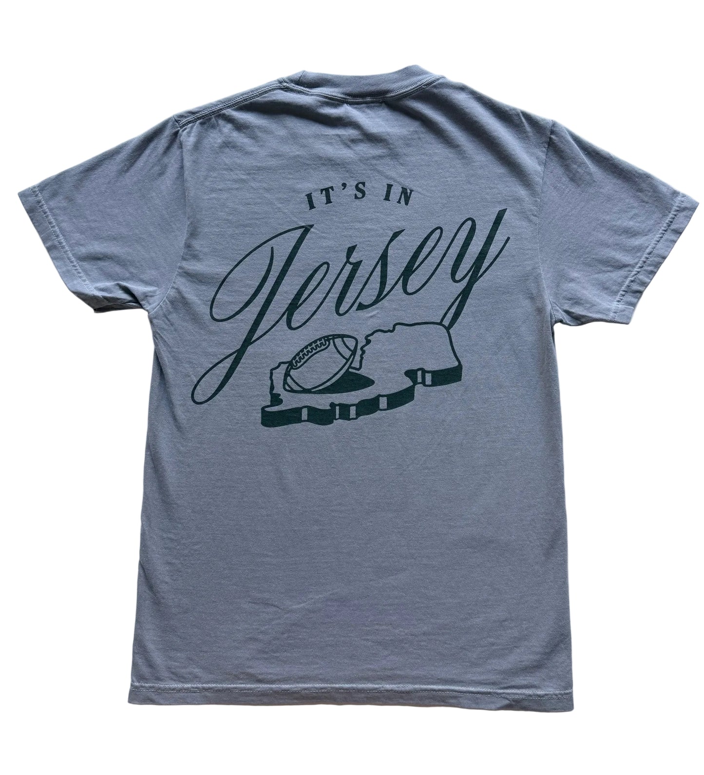 Gray t-shirt with 'It's in Jersey' text and football graphic 