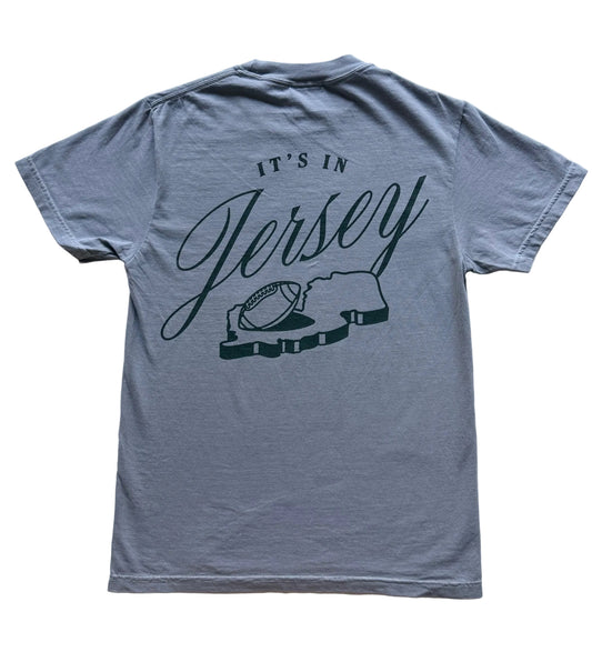 Gray t-shirt with 'It's in Jersey' text and football graphic 