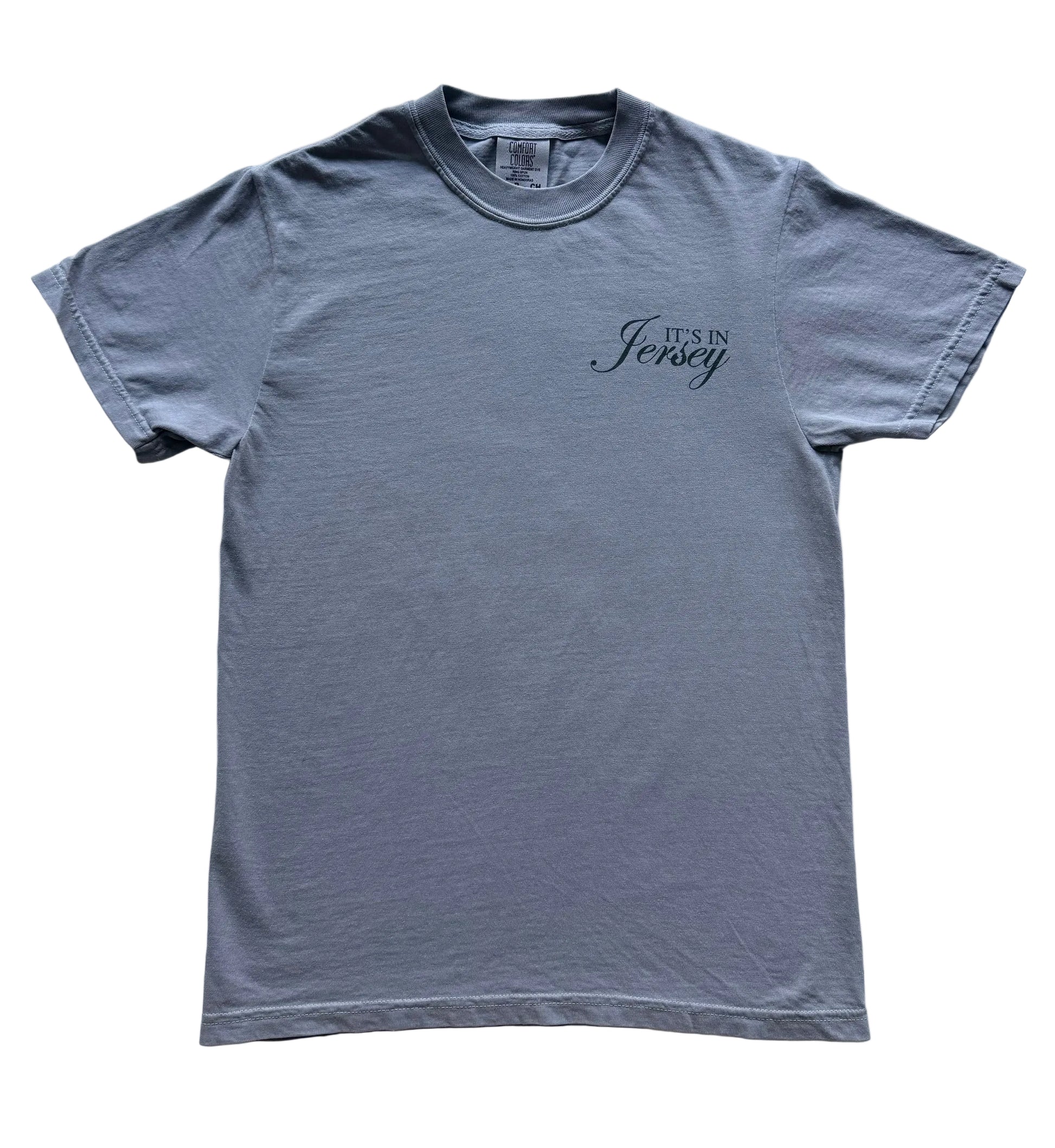 Gray t-shirt with 'It's In Jersey' chest logo