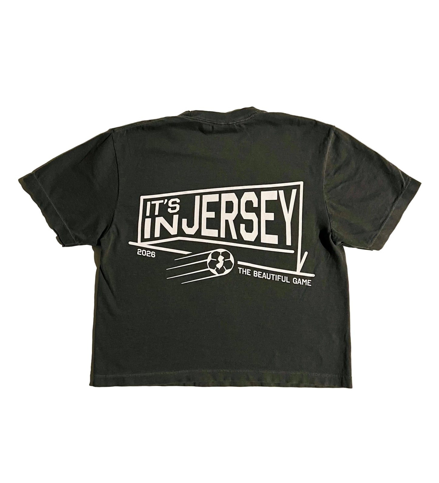 Washed Black boxy crop t-shirt with 'It's In Jersey' net graphic on back