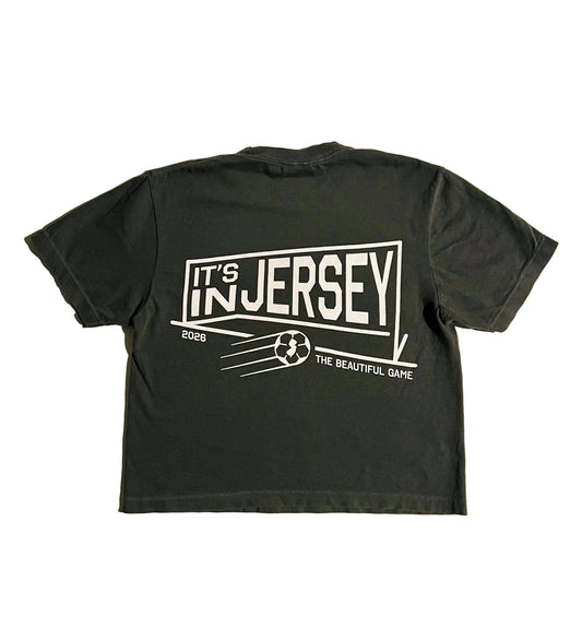 Washed Black boxy crop t-shirt with 'It's In Jersey' net graphic on back