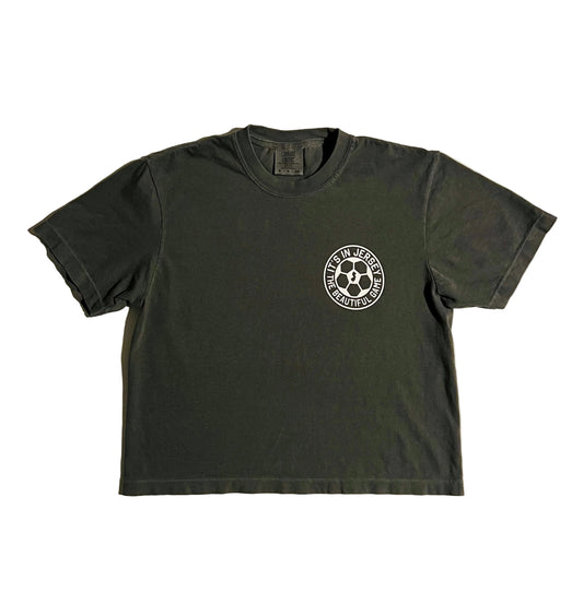 Washed Black boxy crop t-shirt with a white logo on the front