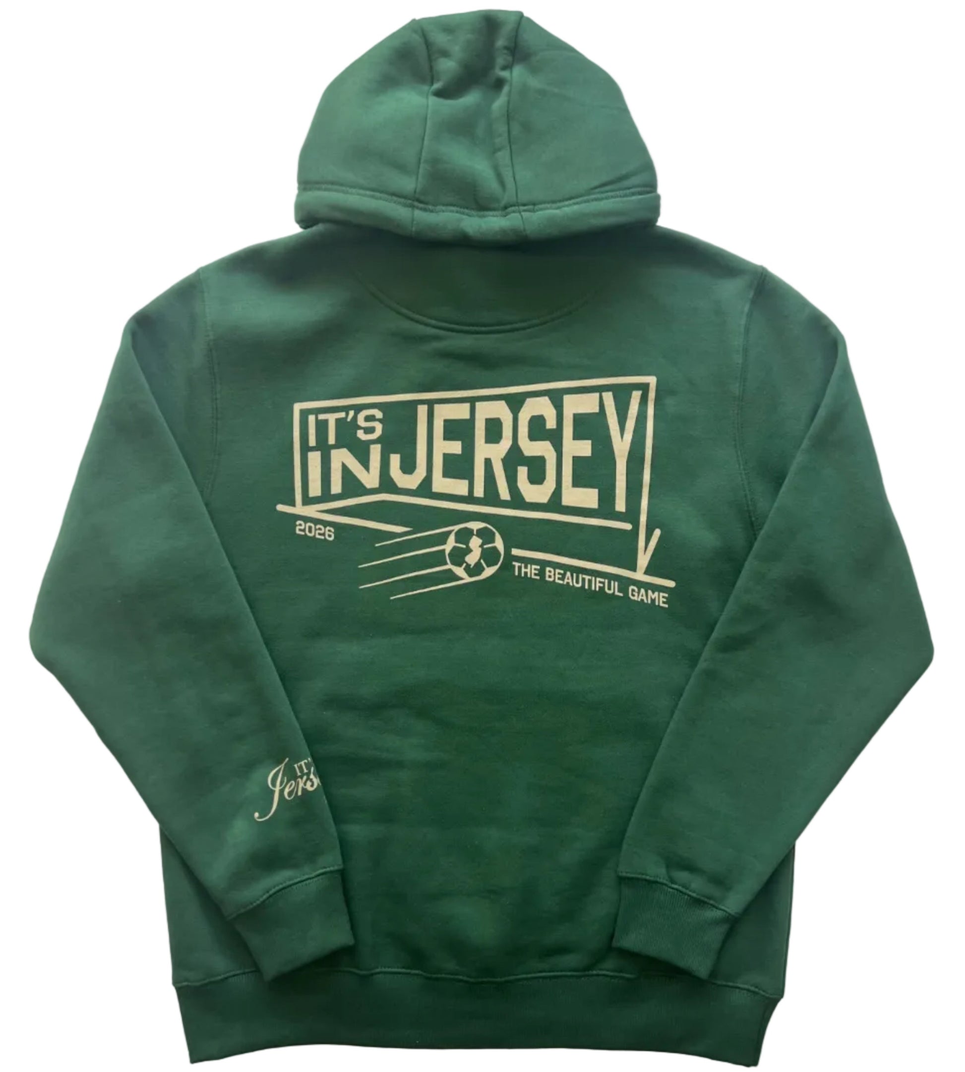 Green hoodie with large 'It's In Jersey' within goal graphic on back. Brand logo on sleeve
