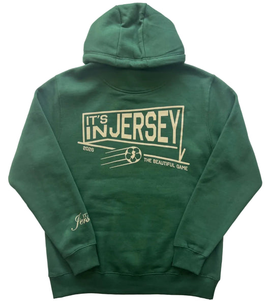 Green hoodie with large 'It's In Jersey' within goal graphic on back. Brand logo on sleeve