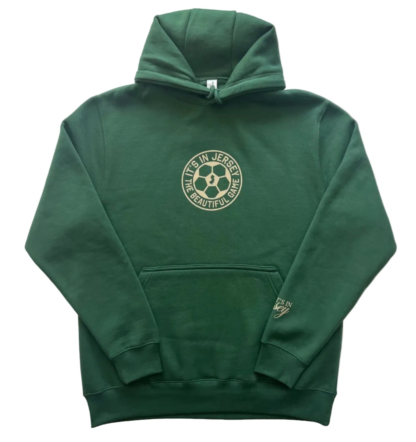 Green hoodie with a It's In Jersey The Beautiful Game logo centered on front. Brand logo on sleeve