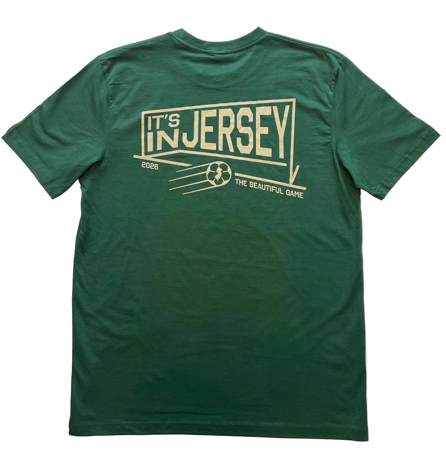 Green t-shirt with large 'It's In Jersey' text within a goal on back
