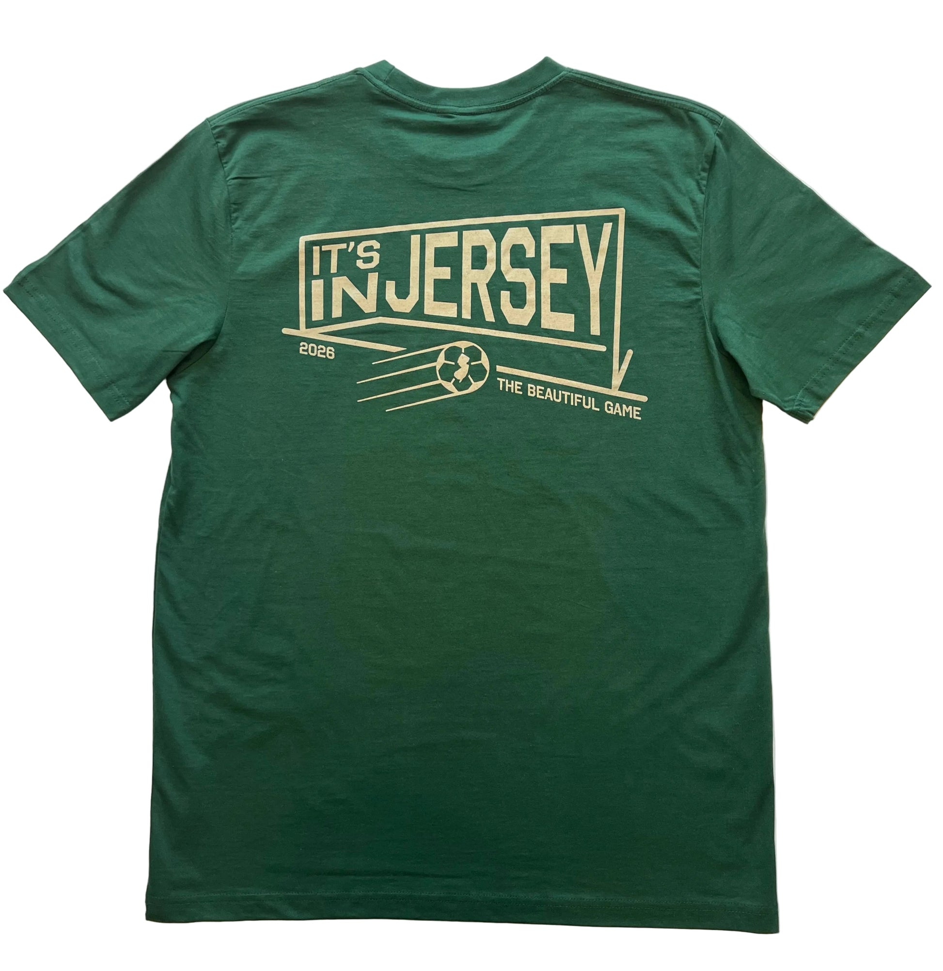 Green t-shirt with large 'It's In Jersey' text within a goal on back