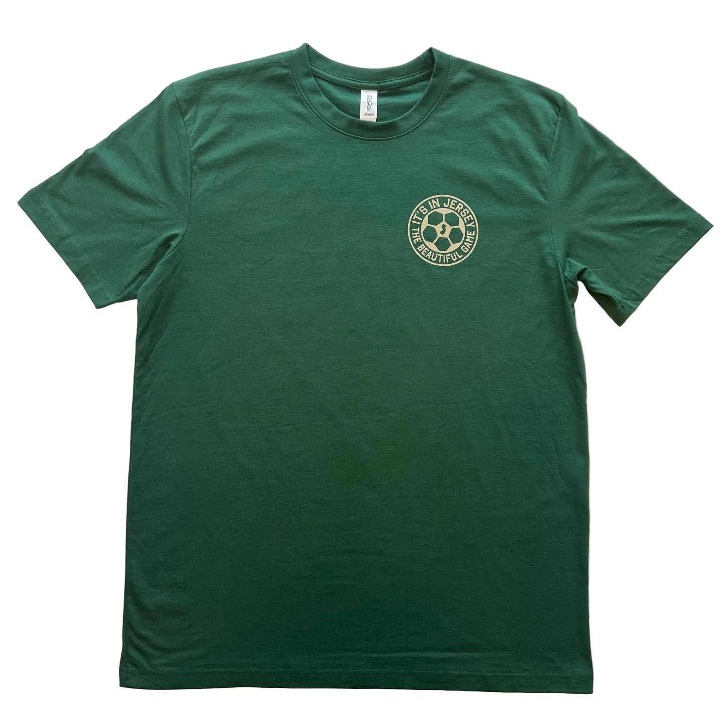 Green t-shirt with It's In Jersey The Beautiful Game logo on front