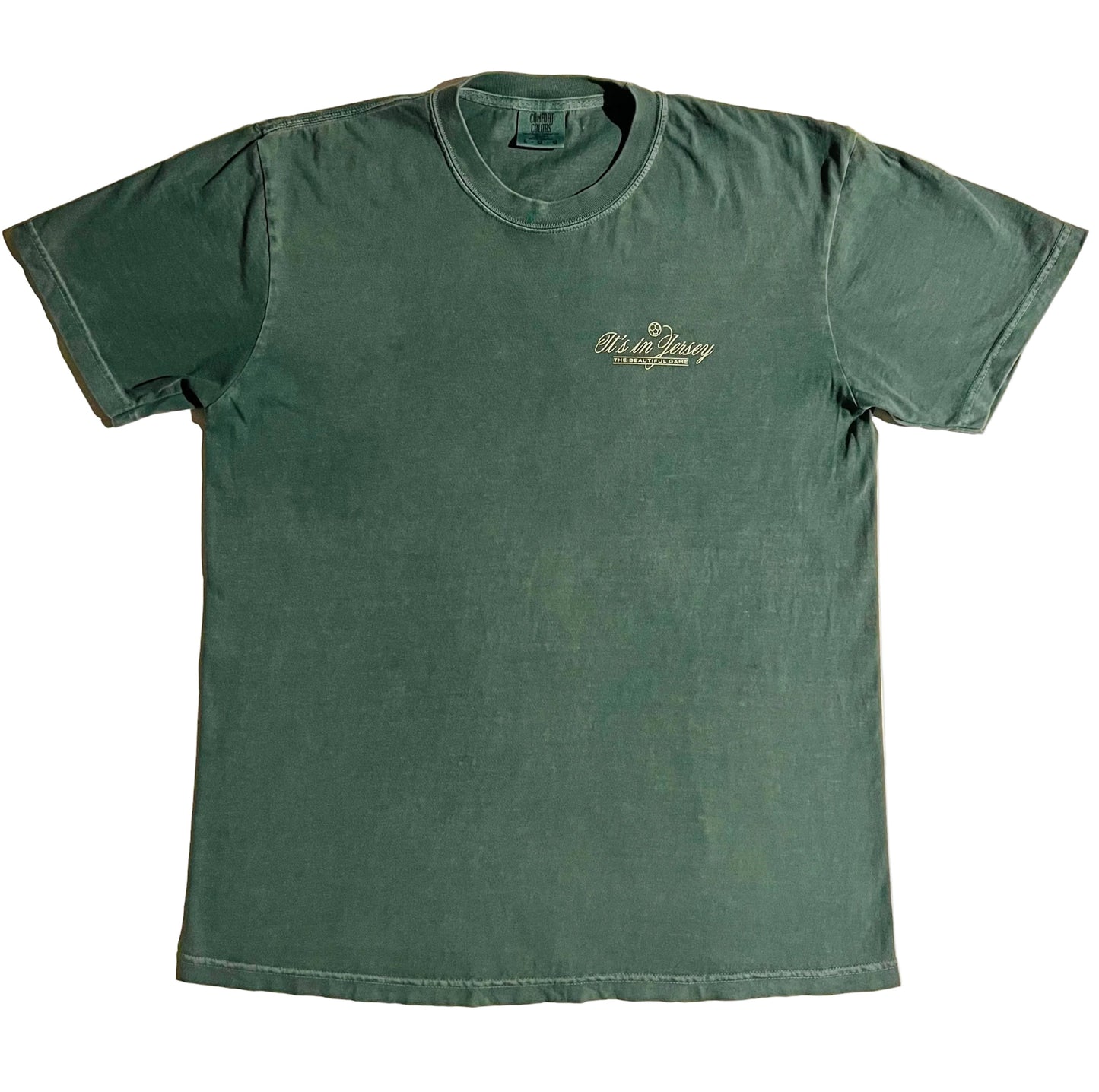Green t-shirt with brand logo on front chest